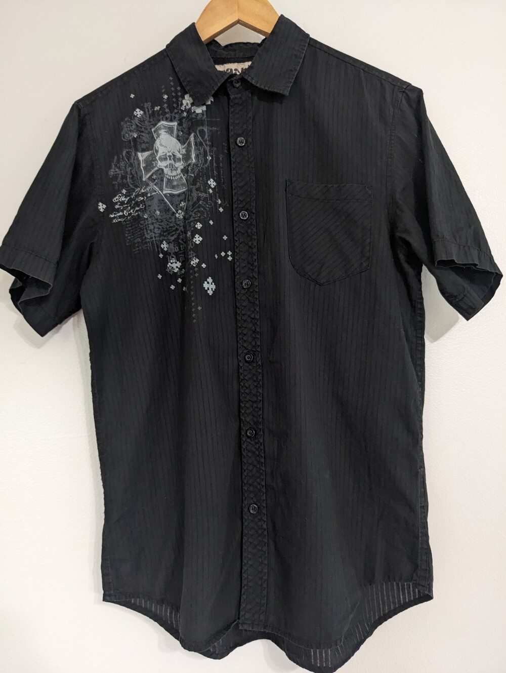 Machine 1971 Shirt Mens Med Black Black Striped Button Down Cotton Short Sleeve